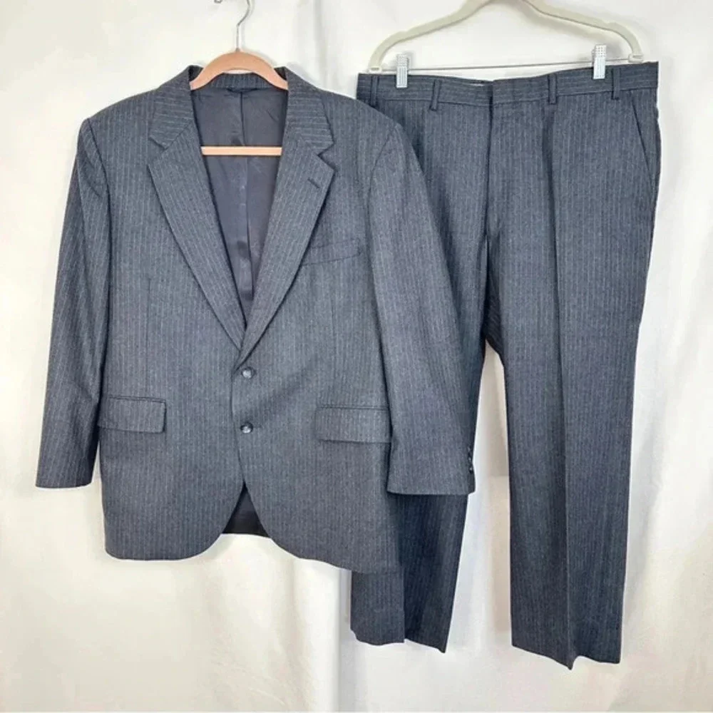 2-Piece Suit 100% Pure Wool Mens Blazer‎ 44R Pants Gray Career Business Formal